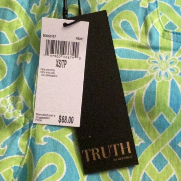 TRUTH BY REPUBLIC NWT WOMENS XS STRETCH ANKLE PANTS NEON GREEN/BLUE SUMMER - Picture 3 of 8